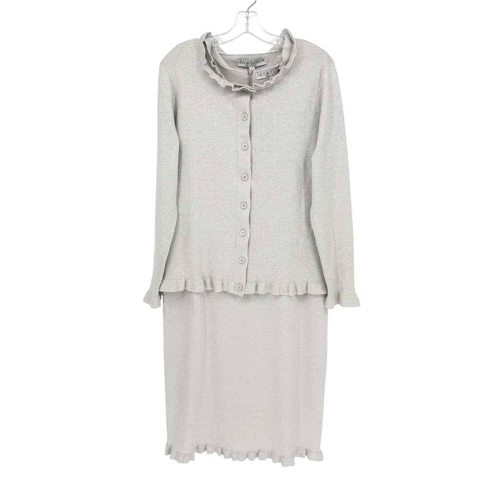 Lily & Taylor 2pc Knit Church Suit Dress Ruffled Edges Women's L Silver Metallic